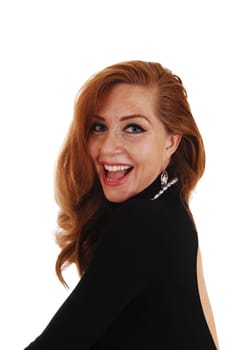 A closeup portrait picture of a classy woman in a black dress, laughing,.isolated for white background..