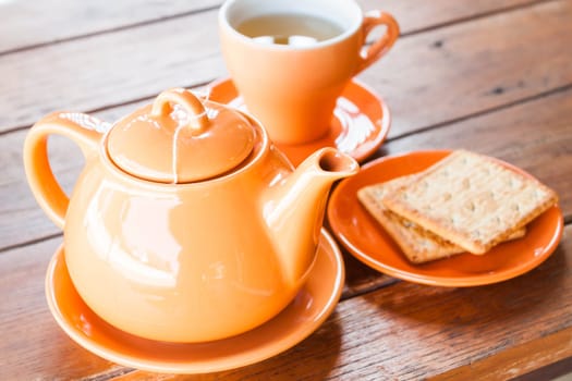 Hot tea cup and crackers, stock photo
