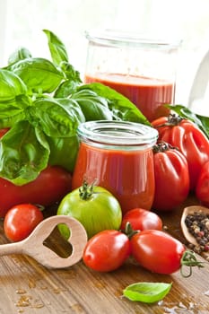 Homemade tomato sauce with fresh tomatoes and kraeuterns