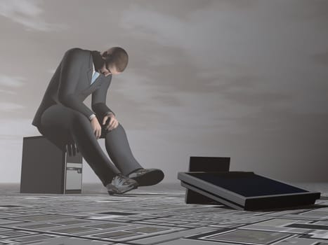 Businessman sitting on a computer looking exhausted in grey dark background