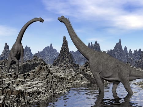 Two brachiosaurus dinosaurs in landscape with water by day