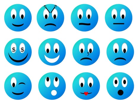 Set of blue smiley with different emotions in white background