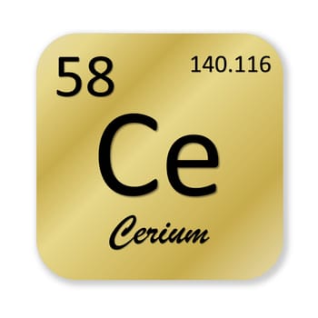 Black cerium element into golden square shape isolated in white background