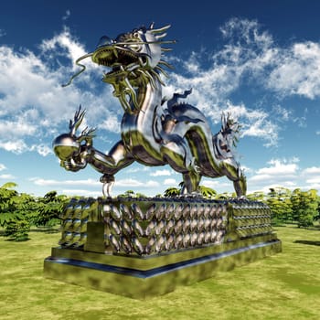 Computer-generated 3D illustration with a Chinese dragon statue