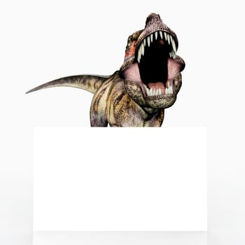 Computer-generated 3D illustration with the dinosaur Tyrannosaurus Rex and a promotional sign