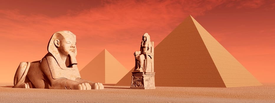 Computer-generated 3D illustration with Egyptian pyramids and statues