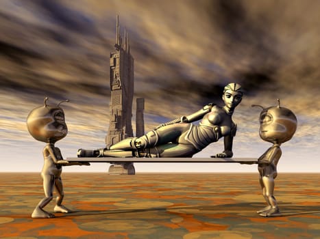 Computer-generated 3D illustration with extraterrestrial life on an unknown planet