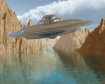 Illustration of a flying saucer hovering in the sky