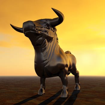Computer-generated 3D illustration with a Spanish fighting bull at sunset