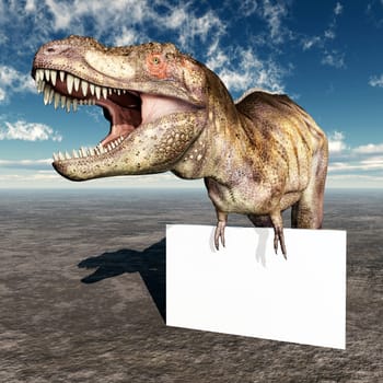 Computer-generated 3D illustration with the dinosaur Tyrannosaurus Rex and a promotional sign