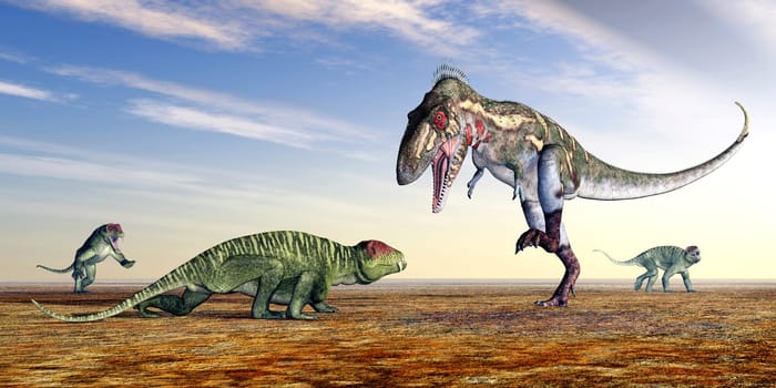 Computer-generated 3D illustration with the dinosaur Nanotyrannus and the Doliosauriscus. Doliosauriscus is an extinct genus of carnivorous synapses.