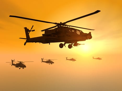 Computer-generated 3D illustration with Apache helicopters at sunset