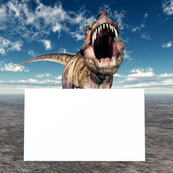 Computer-generated 3D illustration with the dinosaur Tyrannosaurus Rex and a promotional sign