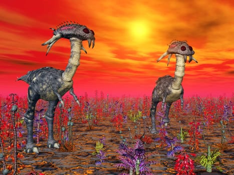 Computer-generated 3D illustration with extraterrestrial life on an unknown planet