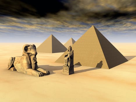 Computer-generated 3D illustration with Egyptian pyramids and statues
