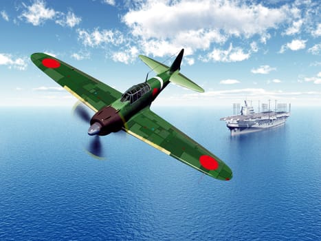 Computer-generated 3D illustration with a Japanese warplane and a Japanese aircraft carrier from World War II