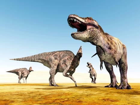 Computer-generated 3D illustration with the dinosaurs Corythosaurus and Tyrannosaurus Rex
