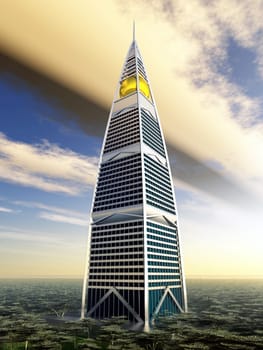 Computer-generated 3D illustration with a modern skyscraper at sunset