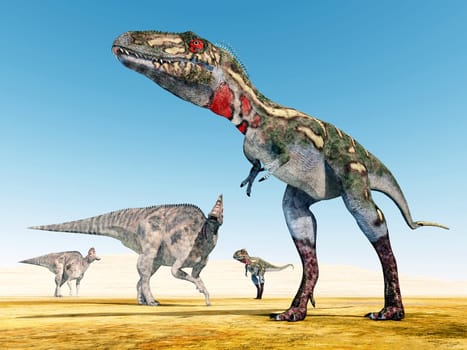 Computer-generated 3D illustration with the dinosaurs Corythosaurus and Nanotyrannus