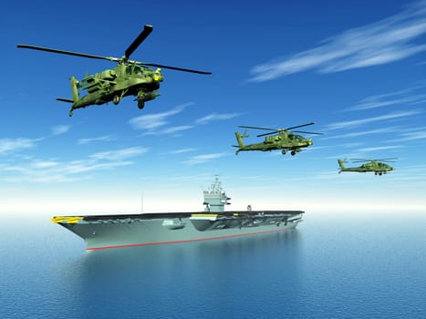 Computer-generated 3D illustration with Apache helicopters and an American aircraft carrier