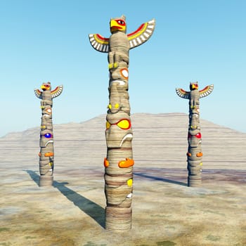 Computer-generated 3D illustration with three totem poles