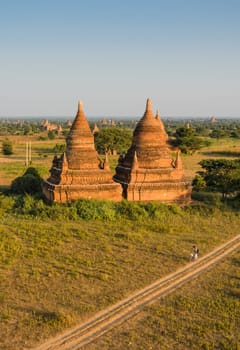 Aerial view of ancient temples in Bagan, Myanmar