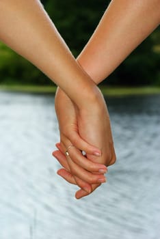 Hand in a hand on a background water