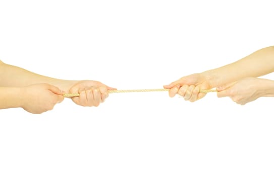 Hands and rope isolated on white background