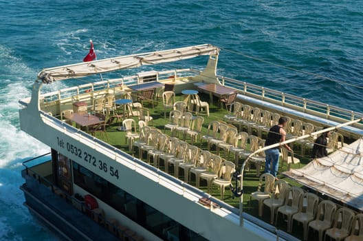 Ferry boat passing at the golden horn, a horn-shaped estuary, and a major urban waterway. It is also the primary inlet of the Bosphorus.
