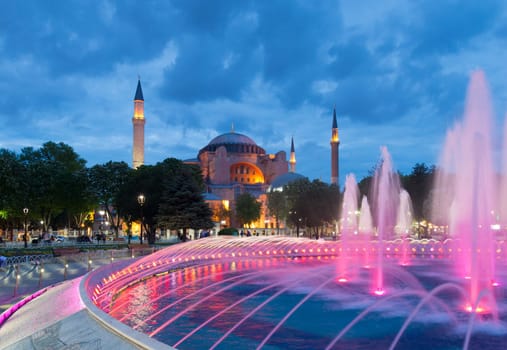 colorful fountain in front of the hagia sofia mosque in istanbul. The building is on the World Heritage List of UNESCO, and nowadays in use as a museum