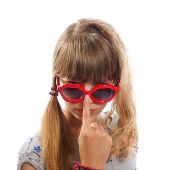 A young brunette with lip shaped sunglasses