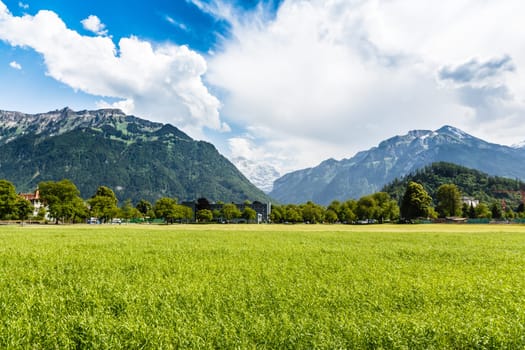 Scenic mountain landscape with blue sky in Interlaken, Switzerland