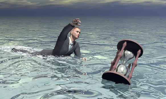 Businessman and hourglass sinking in the water by grey cloudy day