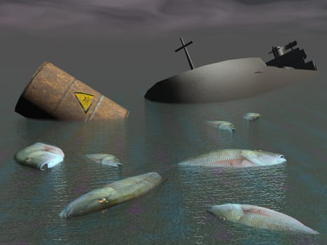 Tanker wreck, toxic barrel, many fishes and dolphins dead in the ocean by night