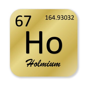 Black holmium element into golden square shape isolated in white background