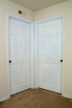 View of two white interior doors closed in carpeted room.