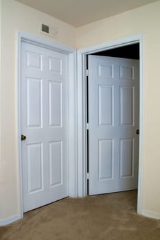 View of two white interior doors one is open and the other is closed in carpeted room.