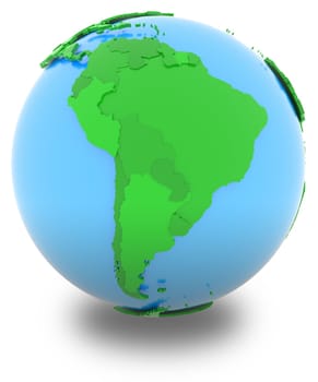 South America, political map of the world with countries in different shades of green, isolated on white background.