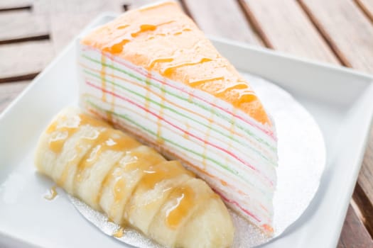 Banana caramel crepe cake up close, stock photo