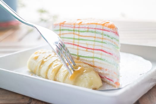 Delicious dessert of banana caramel crepe cake, stock photo