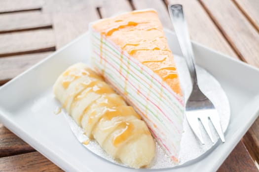 Delicious banana caramel crepe cake, stock photo