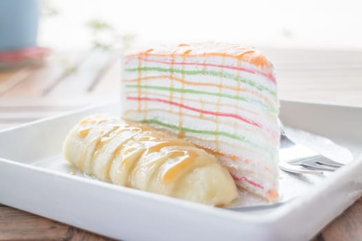 Sweet dessert of banana caramel crepe cake, stock photo