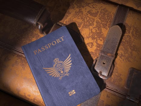 A Generic Passport on an old suitcase. An international voyage.