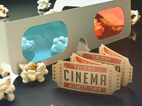 Movie ticket and 3D glasses with popcorn scattered around.