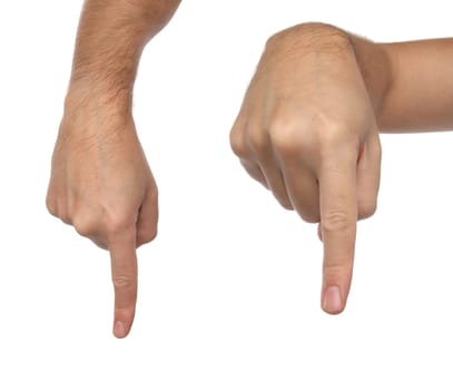 Hand signs. Male finger pointing down. Isolated