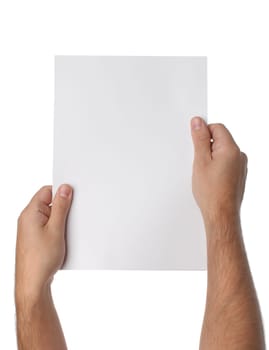 Male hands holding blank paper isolated on white background
