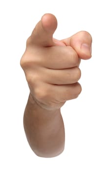 Accused. Pointing hand isolated on white background