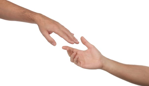 Two male hands reaching towards each other. Isolated