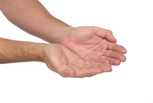 Man hands sign isolated on white background