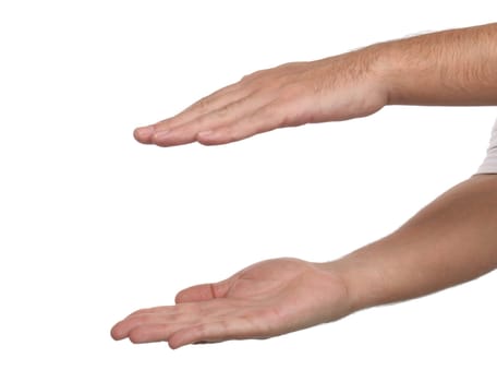 Two male hands with space to put something. Isolated